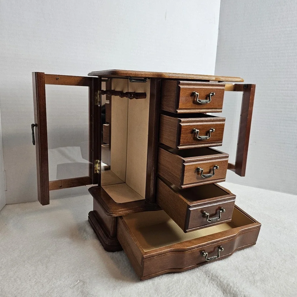 Vintage Wooden Jewelry Armoire Box Glass Side Doors 5 Drawers Brass Pulls Brown